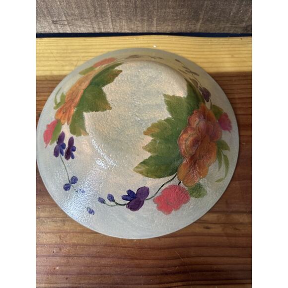 Beautiful Floral Handpainted Glass Bowl 14” Wide - Picture 7 of 10
